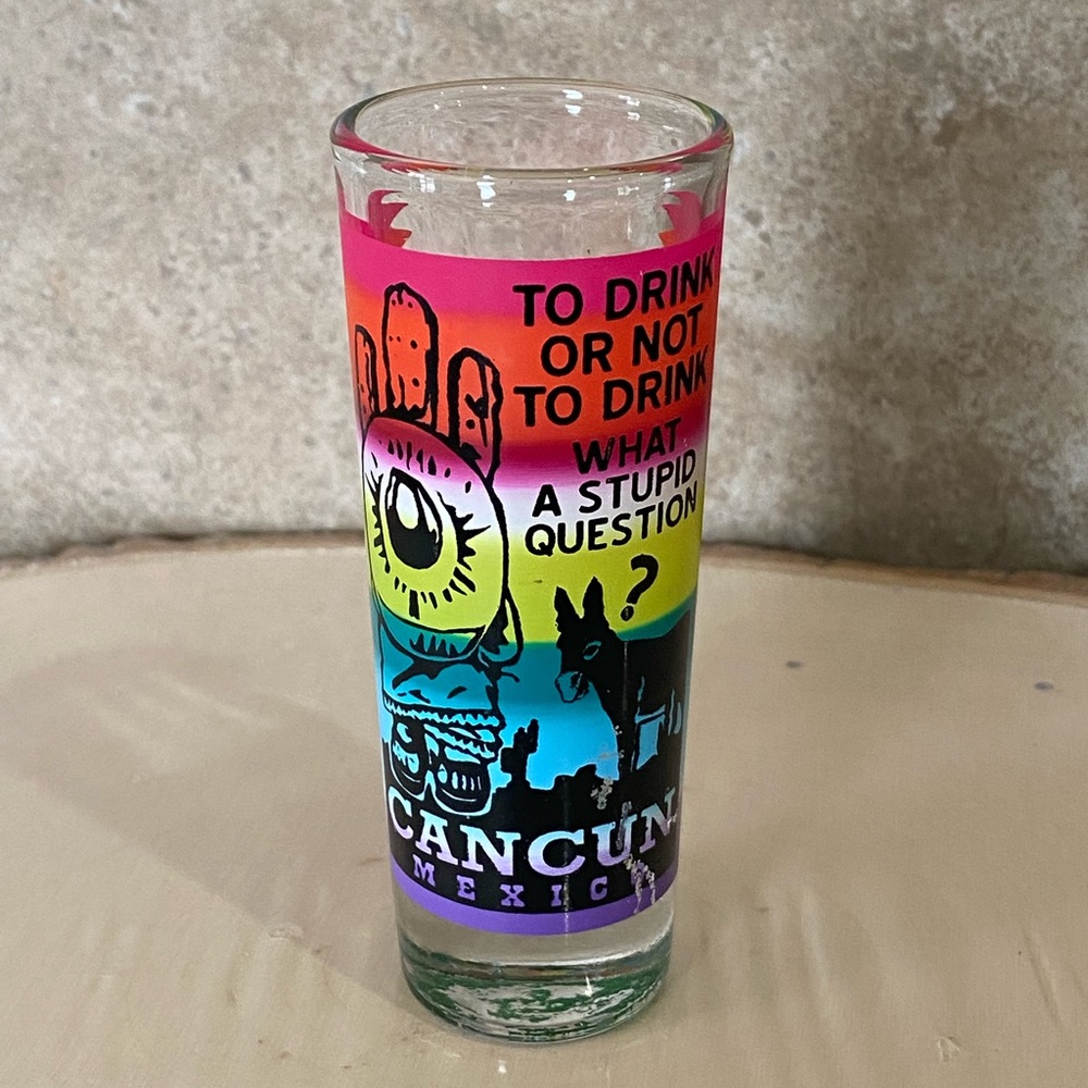Cancun Mexico Tall Shot Glass Clear Multicolor Cactus Mariachi Burro New 4”